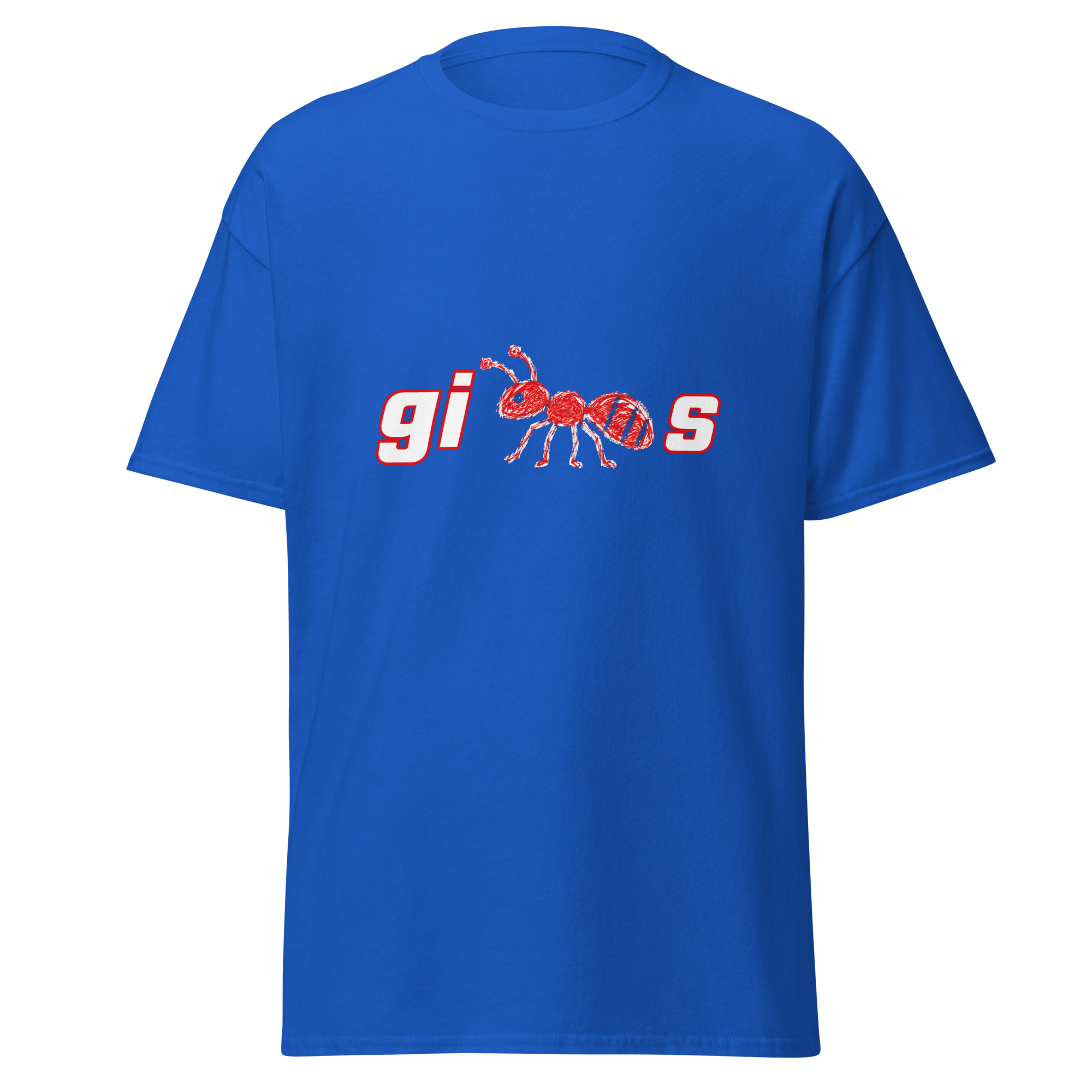 printful front view of the royal blue a big ant shirt.